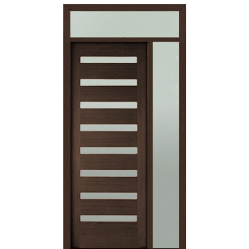 Prehung 36" X 96" Tall Carlo 8-Lite Horizontal Lite Modern Mahogany Entry Door with One Sidelite and Transom with Clear Glass