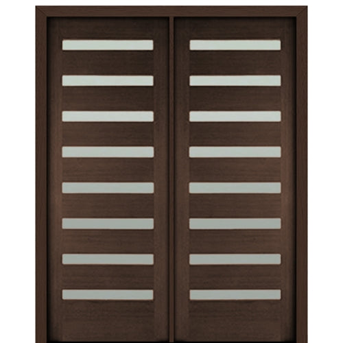 72" X 96"Tall Carlo 8-Lite Horizontal Lite Modern Mahogany Entry Double Door with Clear Glass