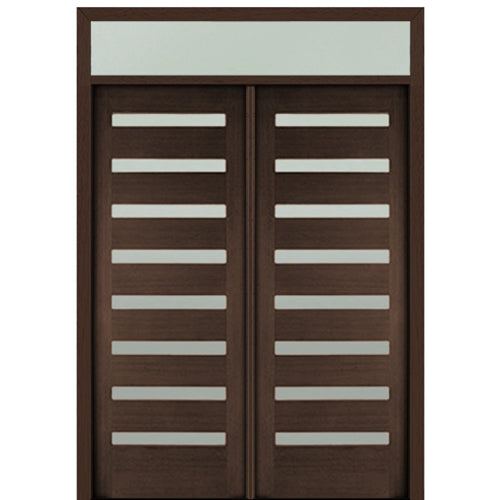 Prehung 72" X 96" Tall Carlo 8-Lite Horizontal Lite Modern Mahogany Entry Double Door with Transom with Clear Glass