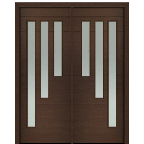 72" X 96" Tall Flores 3-Lite Modern Mahogany Entry Double Door with Sandblasted IG Low E Glass