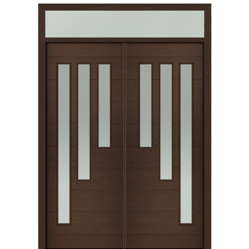 Prehung 36" X 96"Tall Flores 3-Lite Modern Mahogany Entry Double Door with Transom