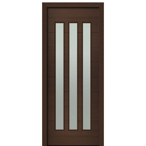 36" X 96" Tall Flores 3 Lite Vertical Lite Modern Mahogany Entry Door with Sandblasted IG Glass