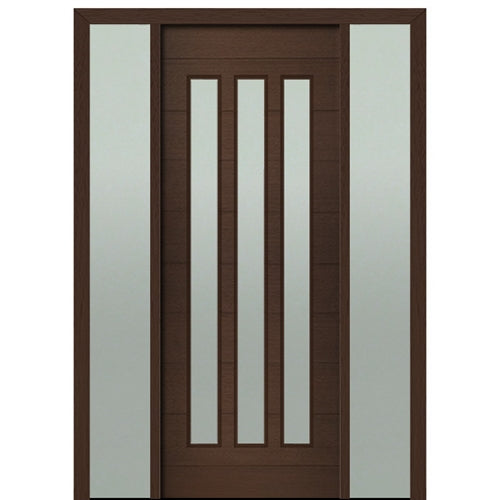 Prehung 36" X 96" Tall Flores 3 Lite Vertical Lite Modern Mahogany Entry Door with Two Sidelite