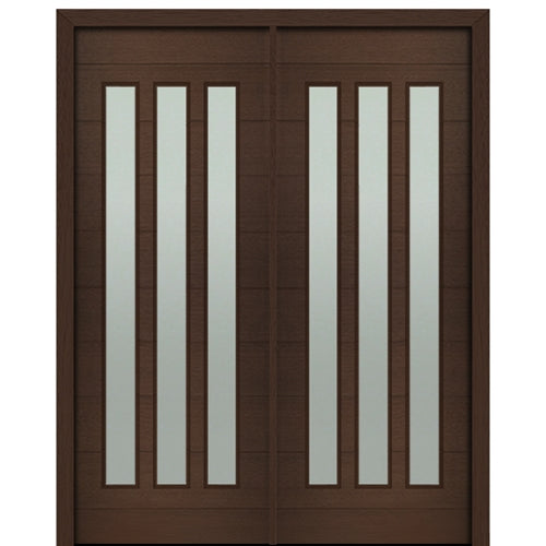 72" X 96" Tall Flores 3-Lite Vertical Lite Modern Mahogany Entry Double Door with Sandblasted IG Low E Glass