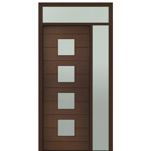 Prehung 36" X 96" Tall Flores 4 Lite Square Lite Modern Mahogany Entry Door with One Sidelite and Transom