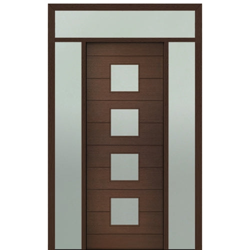 Prehung 36" X 96" Tall Flores 4 Lite Square Lite Modern Mahogany Entry Door with Two Sidelite and Transom