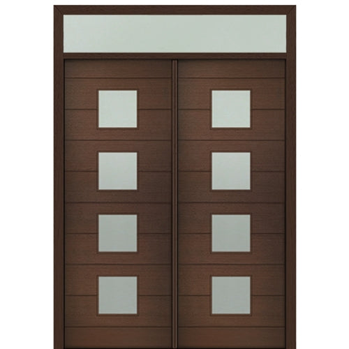 Prehung 72" X 96" Tall Flores 4 Lite Square Lite Modern Mahogany Entry Double Door with Transom