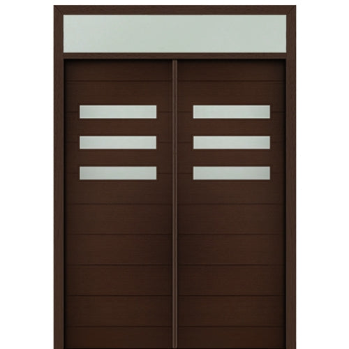 Prehung 72" X 96" Tall Luca 3 Lite Horizontal Lite Modern Mahogany Entry Double Door with Transom