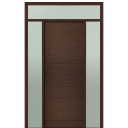 Prehung 36" X 96" Tall Milan Solid Panel Modern Mahogany Entry Door with Two Sidelite and Transom