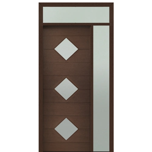 Prehung 36" X 96" Tall Flores 3-Lite Diamond Lite Modern Mahogany Entry Door with One Sidelite and Transom