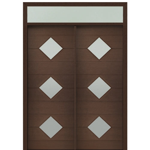 Prehung 72" X 96" Tall Flores 3-Lite Diamond Lite Modern Mahogany Entry Double Door with Transom