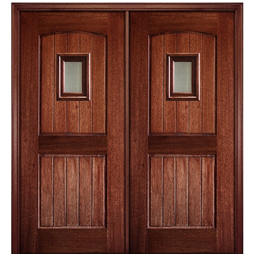 2 Panel V Grooved Arch Speakeasy-2-68 | 80" Tall 2 Panel V Grooved Arched Panel Solid Mahogany Entry Double Door with Speakeasy