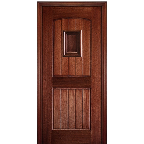 80" Tall 2 Panel V Grooved Arched Panel Solid Mahogany Entry Door with Operable Wood Speakeasy