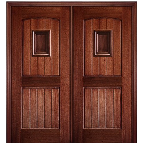 80" Tall 2 Panel V Grooved Arched Panel Solid Mahogany Entry Double Door with 
 Operable Wood Speakeasy