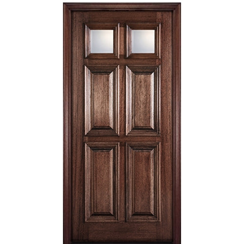 80" Tall 6 Panel Mahogany Wood Entry Door with Raised Molding and 2 Clear Beveled Glass Panes.