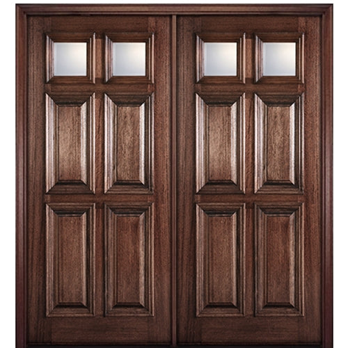 80" Tall 6 Panel Mahogany Wood Entry Double Door with Raised Molding and 2 Clear Beveled Glass Panes