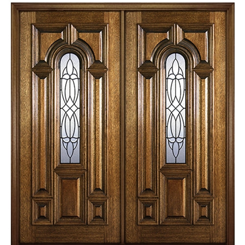 80" Tall Carved Panel Mahogany Wood Entry Double Door with Blanco Decorative glass Design