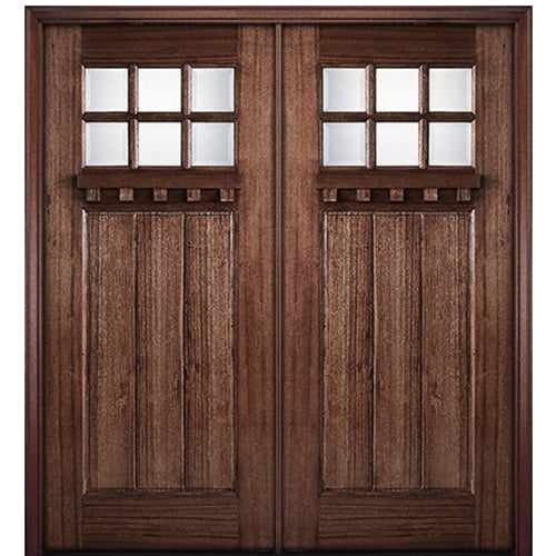 80" Tall  6-Lite 3-Panel Craftsman Style True Divided Lite (TDL) Mahogany Wood Entry Double Door
