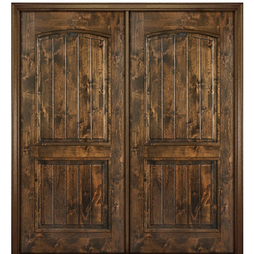 80" Tall 2 Panel V Grooved Arched Panel Solid Knotty Alder Double Door 
