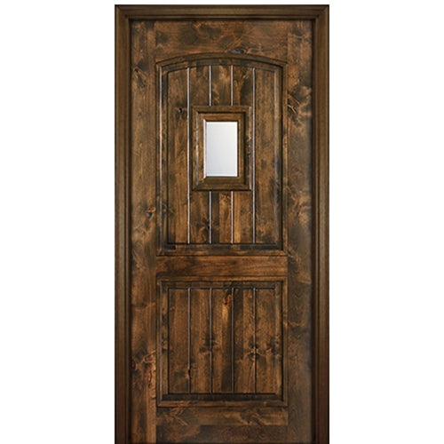 80" Tall 2 Panel V Grooved Arched Panel Solid Knotty Alder Entry Door with Speakeasy