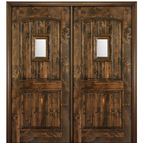 80" Tall 2 Panel V Grooved Arched Panel Solid Knotty Alder Entry Double Door with Speakeasy