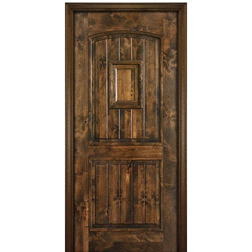 80" Tall 2 Panel V Grooved Arched Panel Solid Knotty Alder Entry Door with Operable Wood Speakeasy