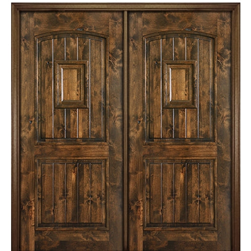 80" Tall 2 Panel V Grooved Solid Knotty Alder Entry Double Door with Operable Wood Speakeasy