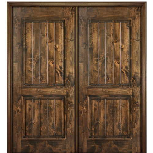 80" Tall 2 Panel V Grooved Solid Knotty Alder Entry Double Door
