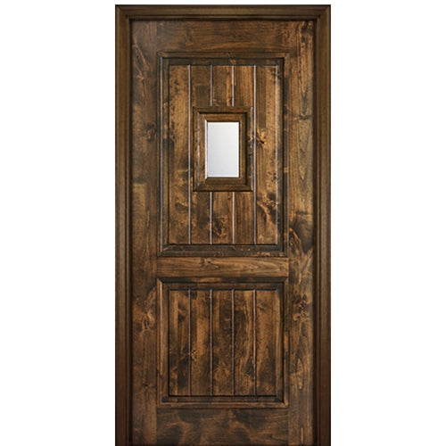 80" Tall 2 Panel V Grooved Solid Knotty Alder Entry Door with Speakeasy