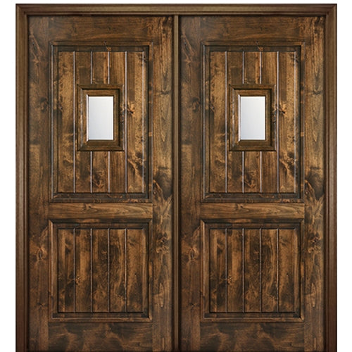 80" Tall 2 Panel V Grooved Solid Knotty Alder Entry Double Door with Speakeasy