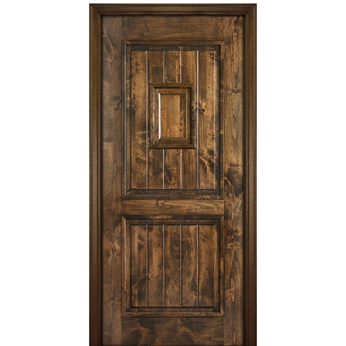 80" Tall 2 Panel V Grooved Solid Knotty Alder Entry Door with Operable Wood Speakeasy