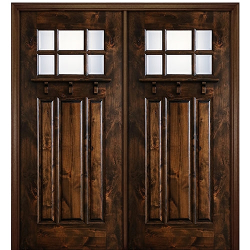 80" Tall  6-Lite 3-Panel Craftsman Style True Divided Lite (TDL) Knotty Alder Wood Entry Double Door
