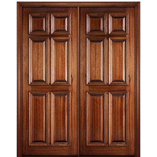 96" Tall 6 Panel Solid Mahogany Wood Entry Double Door with Raised Moulding
