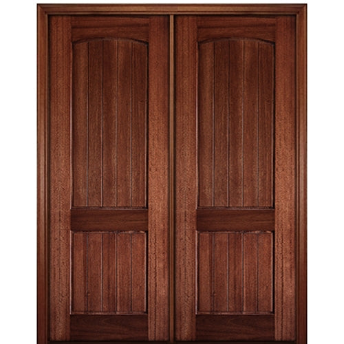 96" Tall 2 Panel V Grooved Arched Panel Solid Mahogany Double Door 
