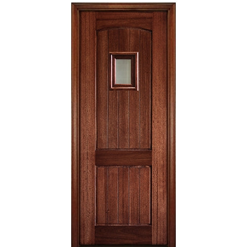 96" Tall 2 Panel V Grooved Arched Panel Solid Mahogany Entry Door with Speakeasy