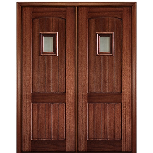 96" Tall 2 Panel V Grooved Arched Panel Solid Mahogany Entry Double Door with Speakeasy