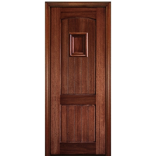 96" Tall 2 Panel V Grooved Arched Panel Solid Mahogany Entry Door with Operable Wood Speakeasy