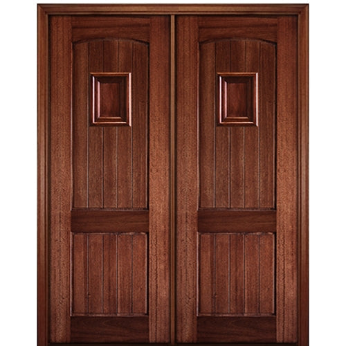 96" Tall 2 Panel V Grooved Arched Panel Solid Mahogany Entry Double Door with 
 Operable Wood Speakeasy