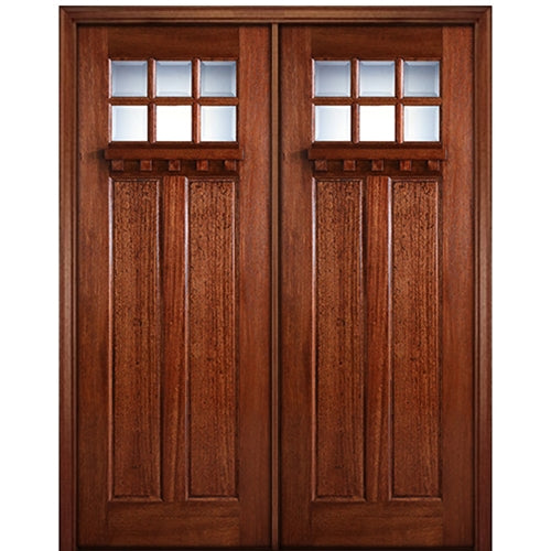 96" Tall  6-Lite Craftsman Style True Divided Lite (TDL) Mahogany Wood Entry Double Door
