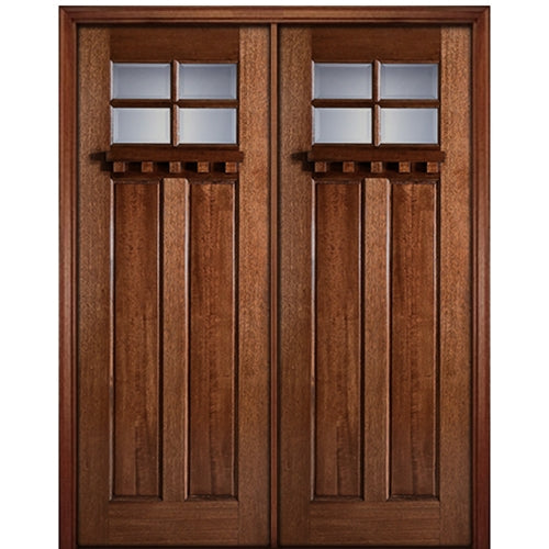 96" Tall  4-Lite Craftsman Style True Divided Lite (TDL) Mahogany Wood Entry Double Door
