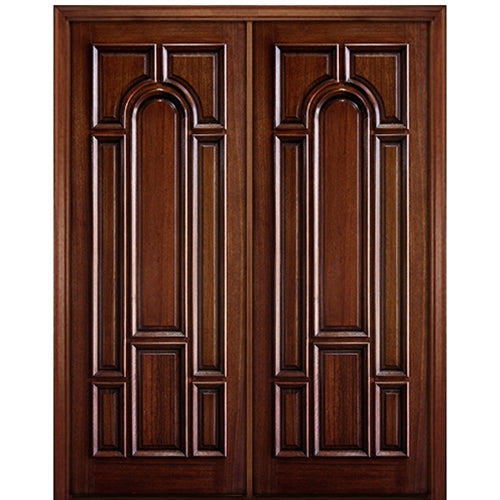 96" Tall Carved Panel Solid Mahogany Wood Entry Double Door with Raised Moulding
