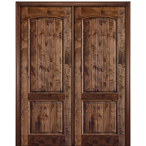 96" Tall 2 Panel V Grooved Arched Panel Solid Knotty Alder Double Door 
