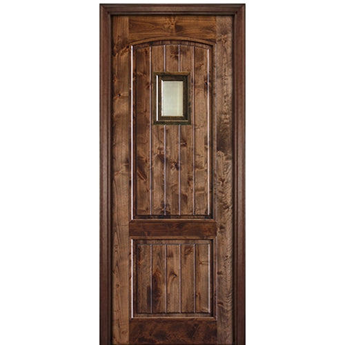 96" Tall 2 Panel V Grooved Arched Panel Solid Knotty Alder Entry Door with Speakeasy