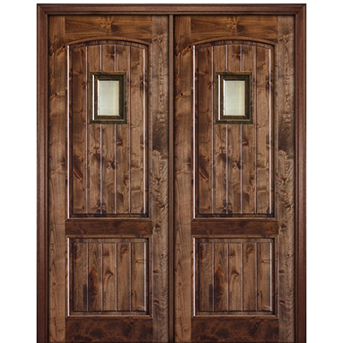 96" Tall 2 Panel V Grooved Arched Panel Solid Knotty Alder Entry Double Door with Speakeasy