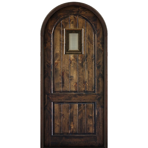 96" Tall 2 Panel V Circle Top Solid Knotty Alder Entry Door with Speakeasy