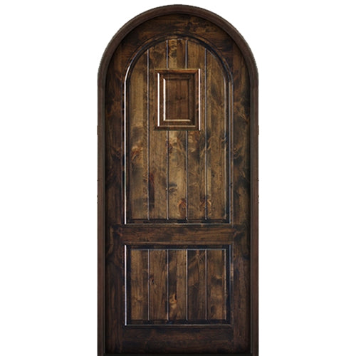 96" Tall 2 Panel V Circle Top Solid Knotty Alder Entry Door with Operable Wood Speakeasy