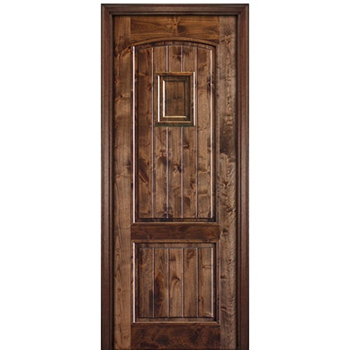 96" Tall 2 Panel V Grooved Arched Panel Solid Knotty Alder Entry Door with Operable Wood Speakeasy