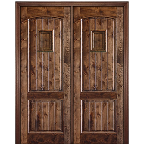 96" Tall 2 Panel V Grooved Solid Knotty Alder Entry Double Door with Operable Wood Speakeasy