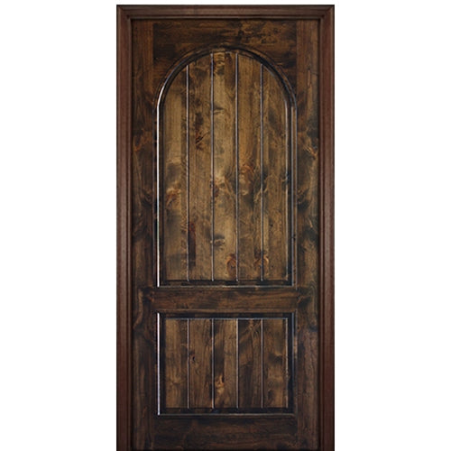 96" Tall 2 Panel V-Grooved Circle Panel Square Top Solid Knotty Alder Entry Door