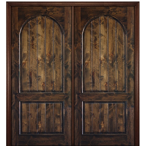 96" Tall 2 Panel V-Grooved Circle Panel Solid Knotty Alder Entry Double Door